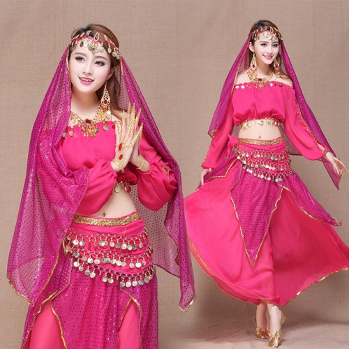 red yellow 4pcs Belly Dance Costume Bollywood Costume Indian Dress Bellydance Dress Womens Belly Dancing Costume Sets Tribal